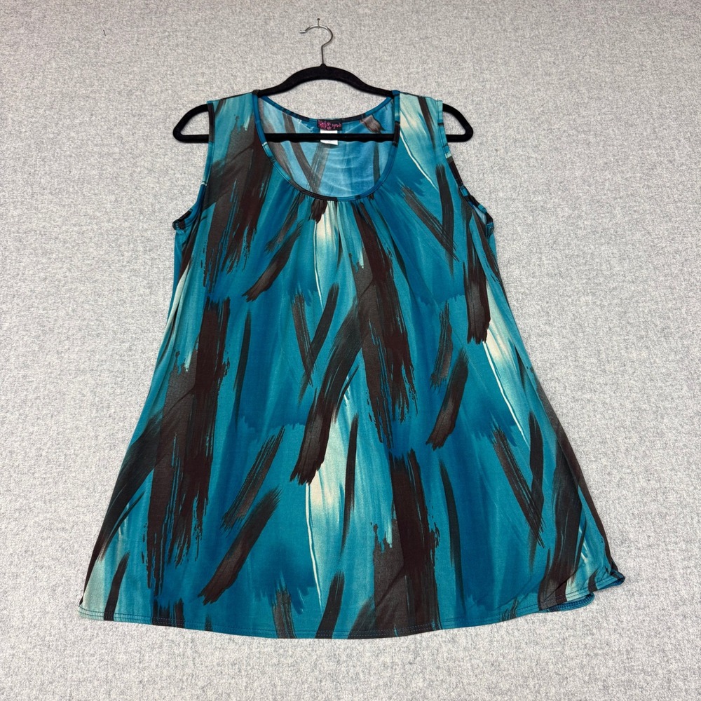 Agenda Sleeveless Tunic Top XL Blue Black Abstract Brushstroke Scoop Neck Flowy